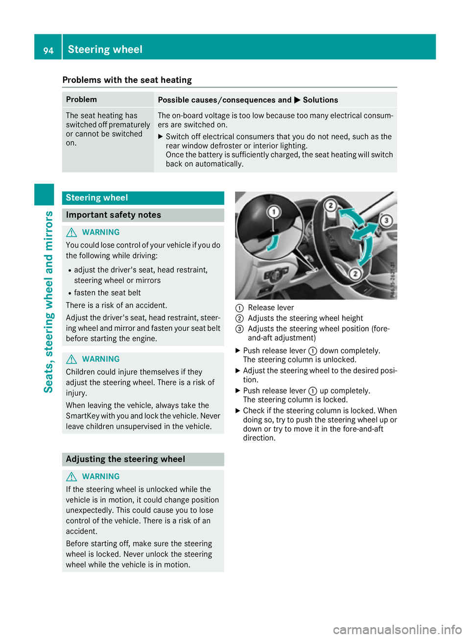 MERCEDES-BENZ CLA 2017  Owners Manual Problems with the seat heating Problem
Possible causes/consequences and �P Solutions
The seat heating has
switched off prematurely
or cannot be switched
on. The on-board voltage is too low because too