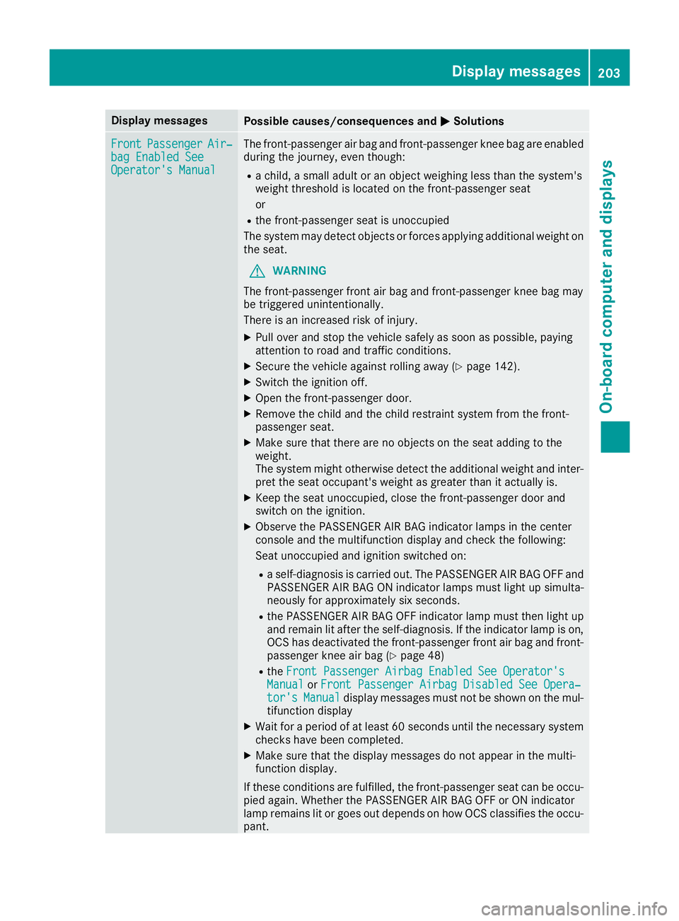 MERCEDES-BENZ CLA 2019  Owners Manual Display messagesPossible causes/consequences and�P�PSolutions
FrontFrontPassengerPassengerAir‐Air‐bag Enabled Seebag Enabled SeeOperator's ManualOperator's Manual
The front-passenger air b