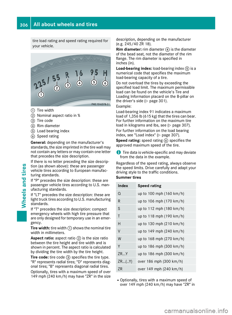 MERCEDES-BENZ CLA 2019  Owners Manual tire load rating and speed rating required for
your vehicle.
�CTire width
�DNominal aspect ratio in %
�