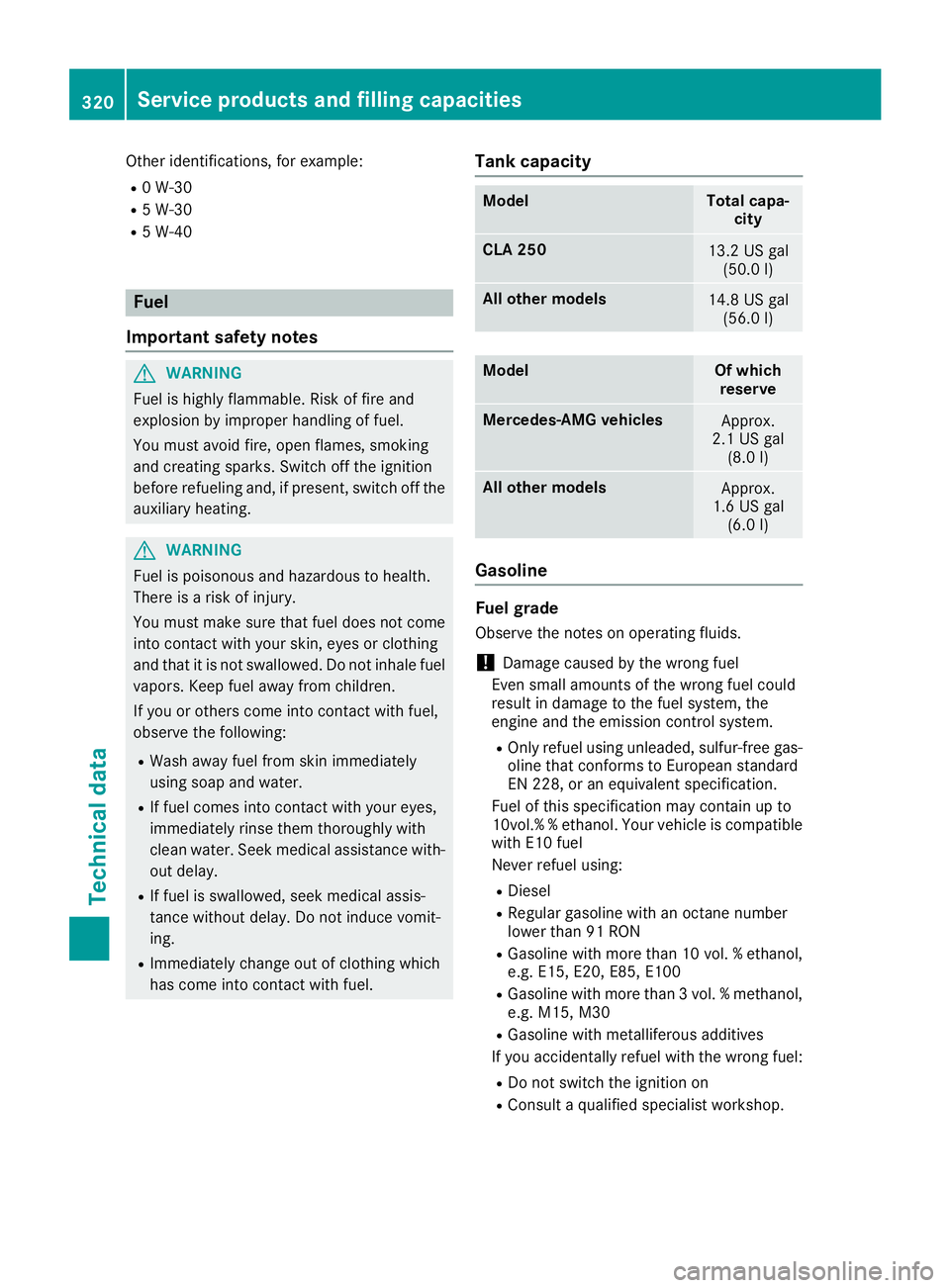 MERCEDES-BENZ CLA 2019 Owners Manual Other identifications, for example:
R0 W-30
R5 W-30
R5 W-40
Fuel
Important safety notes
GWARNING
Fuel is highly flammable. Risk of fire and
explosion by improper handling of fuel.
You must avoid fire, MERCEDES-BENZ CLA 2019 Owners Manual Other identifications, for example:
R0 W-30
R5 W-30
R5 W-40
Fuel
Important safety notes
GWARNING
Fuel is highly flammable. Risk of fire and
explosion by improper handling of fuel.
You must avoid fire,