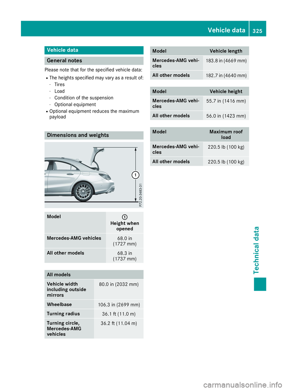 MERCEDES-BENZ CLA 2019 Owners Manual Vehicle data
General notes
Please note that for the specified vehicle data:
RThe heights specified may vary as a result of:
-Tires
-Load
-Condition of the suspension
-Optional equipment
ROptional equi MERCEDES-BENZ CLA 2019 Owners Manual Vehicle data
General notes
Please note that for the specified vehicle data:
RThe heights specified may vary as a result of:
-Tires
-Load
-Condition of the suspension
-Optional equipment
ROptional equi