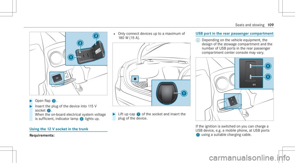 MERCEDES-BENZ CLA 2020  Owners Manual #
Open flap 3. #
Inser tth eplug ofthede vice into11 5V
soc ket1.
Wh entheon- boar delectr icalsystem voltag e
is suf ficie nt, indi catorlamp 2light sup. Using
the12 Vso cket inthetrunk Re
quirement 