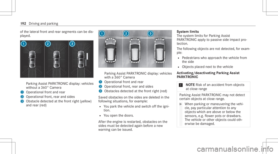 MERCEDES-BENZ CLA 2020  Owners Manual of
thelat eral front and rear segm entscan bedis‐
pla yed. Pa
rking AssistPA RK TRONI Cdisp lay: vehicles
wit hout a360° Camer a
1 Oper ational front and rear
2 Operation alfron t,re ar and sides
3