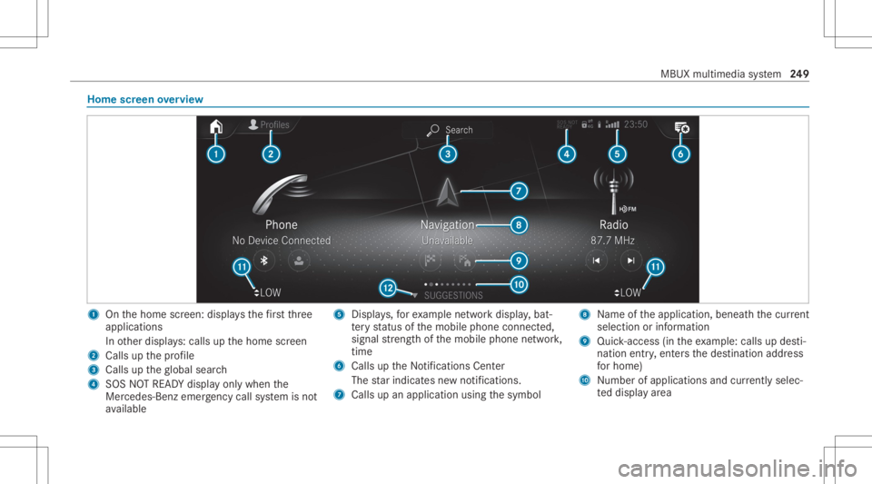 MERCEDES-BENZ CLA 2020 Owners Manual Home
screen overvie w 1
Onthehome screen: displa ysthefirs tth re e
applic ations
In other displa ys:cal lsup thehome screen
2 Calls upthepr ofile
3 Calls uptheglobal search
4 SOS NOTREAD Ydispl ayonl MERCEDES-BENZ CLA 2020 Owners Manual Home
screen overvie w 1
Onthehome screen: displa ysthefirs tth re e
applic ations
In other displa ys:cal lsup thehome screen
2 Calls upthepr ofile
3 Calls uptheglobal search
4 SOS NOTREAD Ydispl ayonl