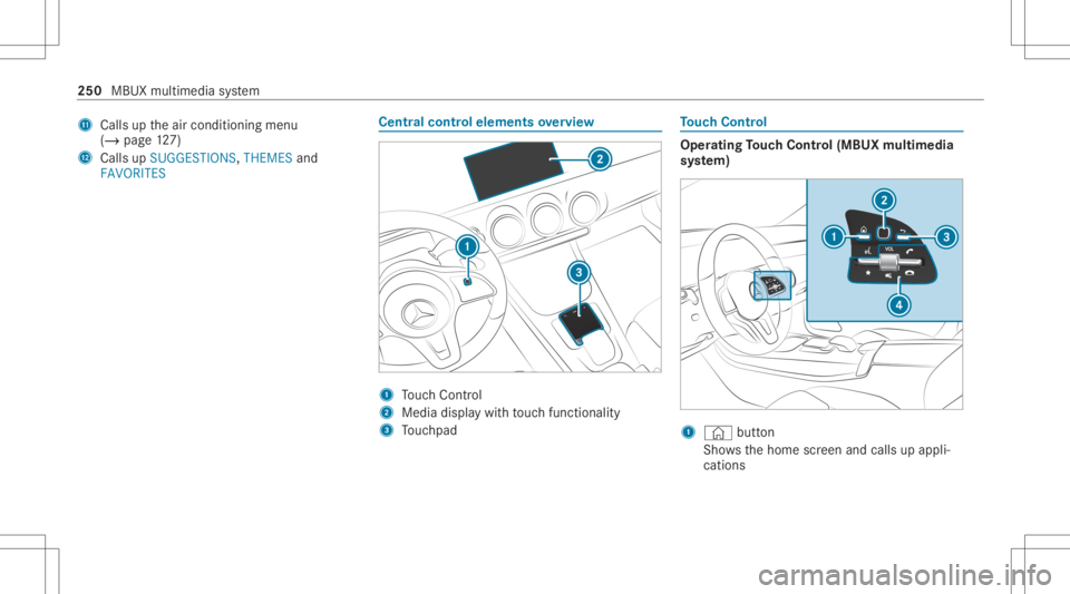 MERCEDES-BENZ CLA 2020 Owners Manual B
Calls uptheair con ditionin gmenu
(/ page12 7)
C Calls up SUGG ESTIONS ,THEMES and
FAVORIT ES Ce
ntr alco ntr olele ments overview 1
Touc hCon trol
2 Media displaywit hto uc hfun ction alit y
3 Touc MERCEDES-BENZ CLA 2020 Owners Manual B
Calls uptheair con ditionin gmenu
(/ page12 7)
C Calls up SUGG ESTIONS ,THEMES and
FAVORIT ES Ce
ntr alco ntr olele ments overview 1
Touc hCon trol
2 Media displaywit hto uc hfun ction alit y
3 Touc