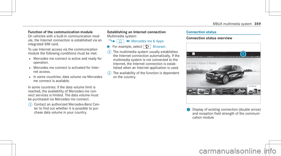 MERCEDES-BENZ CLA 2020 Owners Manual Fu
nction ofthecomm unicationmodule
On vehicles withabuilt-in communication mod‐
ule, theInt erne tcon nect ionises tablished viaan
int egratedSIM card.
To use Inte rn et acc ess viathecomm unicatio MERCEDES-BENZ CLA 2020 Owners Manual Fu
nction ofthecomm unicationmodule
On vehicles withabuilt-in communication mod‐
ule, theInt erne tcon nect ionises tablished viaan
int egratedSIM card.
To use Inte rn et acc ess viathecomm unicatio