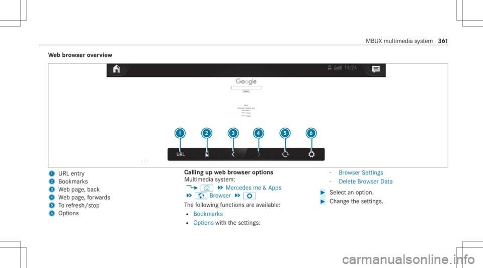 MERCEDES-BENZ CLA 2020 Owners Manual We
bbr ow ser overview 1
URL entry
2 Bookma rks
3 Webpag e,bac k
4 Webpag e,forw ards
5 Torefresh/s top
6 Options Calling
upwebbr ow ser options
Multimedia system:
4 © 5
Mercedes me&Apps
5 z Browser MERCEDES-BENZ CLA 2020 Owners Manual We
bbr ow ser overview 1
URL entry
2 Bookma rks
3 Webpag e,bac k
4 Webpag e,forw ards
5 Torefresh/s top
6 Options Calling
upwebbr ow ser options
Multimedia system:
4 © 5
Mercedes me&Apps
5 z Browser