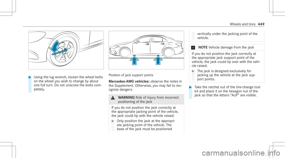 MERCEDES-BENZ CLA 2020  Owners Manual #
Using thelug wrenc h,loosen thewheel bolts
on thewheel youwish tochang eby about
on efull turn.Do notuns crew thebolts com‐
ple tely. Po
sition ofjac ksuppor tpoints
Mer cedes- AMGvehicl es:obse r