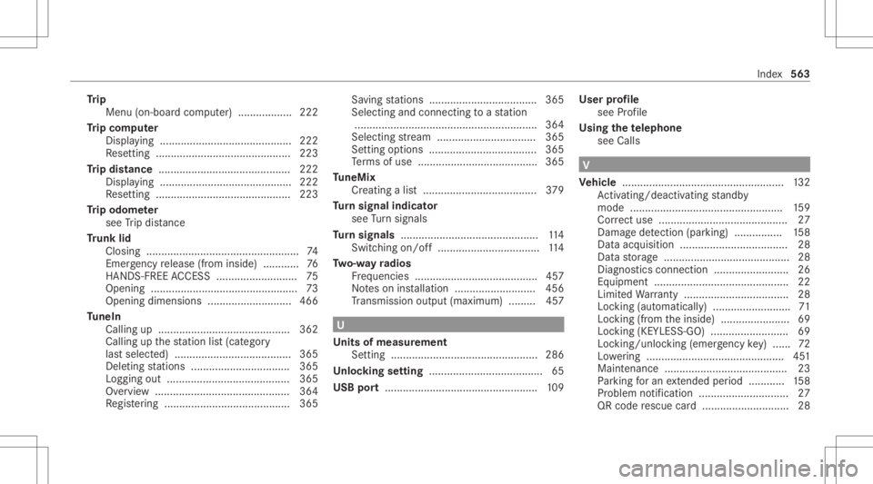 MERCEDES-BENZ CLA 2020  Owners Manual Tr
ip
Menu (on-boar dcom puter) .................. 222
Tr ip com puter
Displa ying............................................ 222
Re settin g...... ....................................... 223
Tr ip d