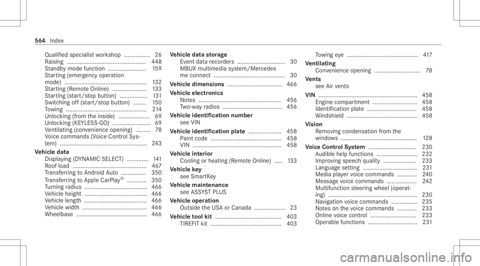 MERCEDES-BENZ CLA 2020  Owners Manual Qua
lified speci alistwo rkshop ................2 6
Ra ising .................. .............................. 448
St andb ymode function .......................1 59
St artin g(eme rgency operation
mo