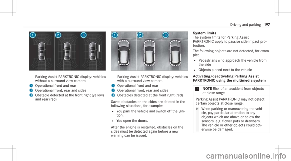 MERCEDES-BENZ CLA 2021 Owners Manual Pa
rking AssistPA RK TRONI Cdisp lay: vehicles
wit hout asur round viewcam era
1 Operation alfron tand rear
2 Operation alfron t,re ar and sides
3 Obstacle detected atthefront right (yello w)
and rear MERCEDES-BENZ CLA 2021 Owners Manual Pa
rking AssistPA RK TRONI Cdisp lay: vehicles
wit hout asur round viewcam era
1 Operation alfron tand rear
2 Operation alfron t,re ar and sides
3 Obstacle detected atthefront right (yello w)
and rear