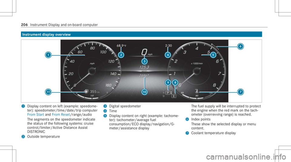 MERCEDES-BENZ CLA 2021 Owners Manual Ins
trum ent displa yove rview 1
Displa ycon tent on left (exa mp le:speedom e‐
te r): spee dome ter/time/dat e/tripcom puter
From StartandFrom Reset/rang e/au dio
The segments onthespeedome terindi MERCEDES-BENZ CLA 2021 Owners Manual Ins
trum ent displa yove rview 1
Displa ycon tent on left (exa mp le:speedom e‐
te r): spee dome ter/time/dat e/tripcom puter
From StartandFrom Reset/rang e/au dio
The segments onthespeedome terindi
