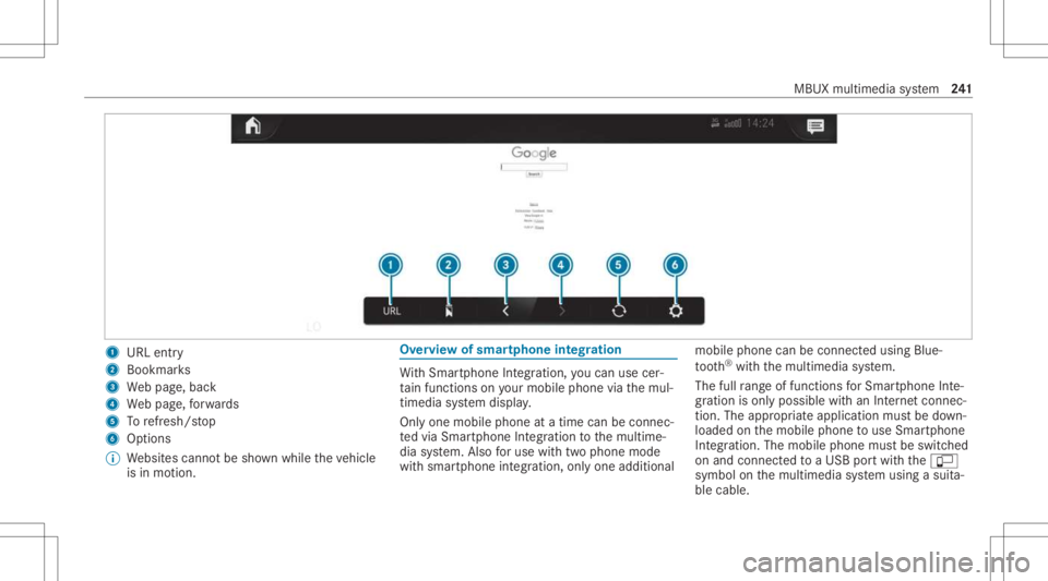 MERCEDES-BENZ CLA 2021 Owners Manual 1
URL entry
2 Bookmar ks
3 Webpag e,bac k
4 Webpag e,forw ards
5 Torefresh/s top
6 Options
% Websit escann otbe sho wnwhile theve hicle
is in mo tion. Ov
ervie wof smar tphone integratio n Wi
th Smar MERCEDES-BENZ CLA 2021 Owners Manual 1
URL entry
2 Bookmar ks
3 Webpag e,bac k
4 Webpag e,forw ards
5 Torefresh/s top
6 Options
% Websit escann otbe sho wnwhile theve hicle
is in mo tion. Ov
ervie wof smar tphone integratio n Wi
th Smar