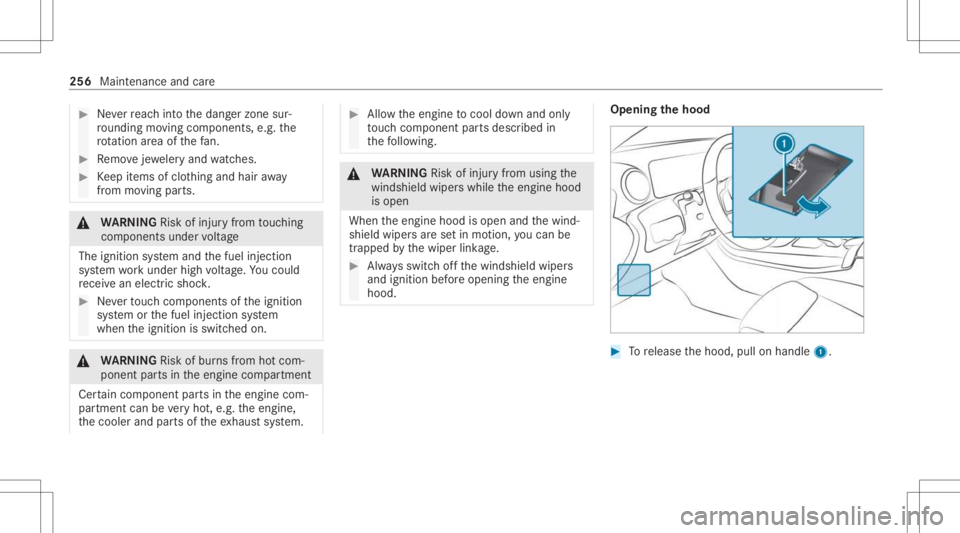 MERCEDES-BENZ CLA 2021 Owners Manual #
Neverre ac hint oth edang erzon esur‐
ro und ingmovingco mp onent s,e.g. the
ro tatio nar ea ofthefa n. #
Remo vejewe leryand watche s. #
Keep items ofclo thing and hair away
fr om moving parts. & MERCEDES-BENZ CLA 2021 Owners Manual #
Neverre ac hint oth edang erzon esur‐
ro und ingmovingco mp onent s,e.g. the
ro tatio nar ea ofthefa n. #
Remo vejewe leryand watche s. #
Keep items ofclo thing and hair away
fr om moving parts. &