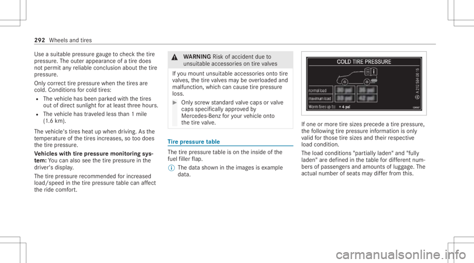 MERCEDES-BENZ CLA 2021 Owners Manual Use
asuit able pressur ega ug eto checkth etir e
pr essur e.The outerappear anceofatir edoes
no tper mit anyre liable conclusion aboutthetir e
pr essur e.
Onl ycor rect tirepr ess urewhe nth etir es a MERCEDES-BENZ CLA 2021 Owners Manual Use
asuit able pressur ega ug eto checkth etir e
pr essur e.The outerappear anceofatir edoes
no tper mit anyre liable conclusion aboutthetir e
pr essur e.
Onl ycor rect tirepr ess urewhe nth etir es a