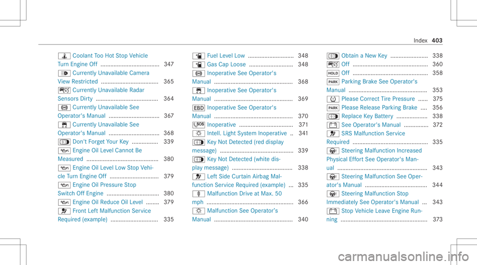 MERCEDES-BENZ CLA 2021 Owners Manual ÿ
Coolan tTo oHo tSt op Vehicle
Tu rn Engi neOff............ ........................ 347
00CE Current lyUn available Camera
Vi ew Restrict ed <0011001100110011001100110011001100110011001100110011001 MERCEDES-BENZ CLA 2021 Owners Manual ÿ
Coolan tTo oHo tSt op Vehicle
Tu rn Engi neOff............ ........................ 347
00CE Current lyUn available Camera
Vi ew Restrict ed <0011001100110011001100110011001100110011001100110011001