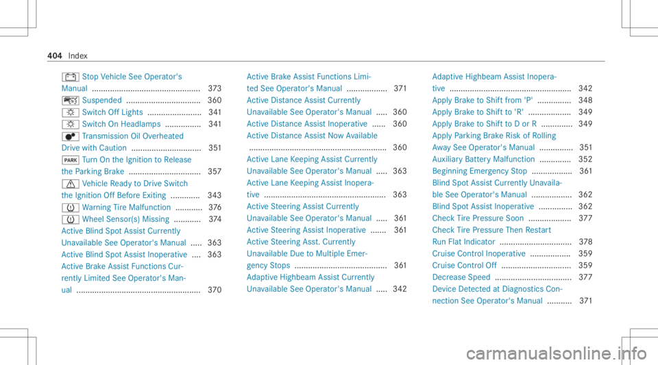 MERCEDES-BENZ CLA 2021 Owners Manual 003D
Stop Vehicle SeeOper ator's
Manual ................................................ 373
ç Suspend ed<0011001100110011001100110011001100110011001100110011001100110011
001100110011001100110011 MERCEDES-BENZ CLA 2021 Owners Manual 003D
Stop Vehicle SeeOper ator's
Manual ................................................ 373
ç Suspend ed<0011001100110011001100110011001100110011001100110011001100110011
001100110011001100110011