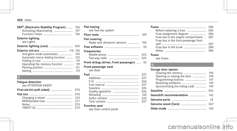 MERCEDES-BENZ CLA 2021 Owners Manual ESP
®
(Electr onicStabil ityProg ram) ...... 156
Ac tivati ng/d eactiv ating ........... ............157
Fu nctio n/no tes ................................... 156
Ext erior light ing
see Ligh ts
Ext MERCEDES-BENZ CLA 2021 Owners Manual ESP
®
(Electr onicStabil ityProg ram) ...... 156
Ac tivati ng/d eactiv ating ........... ............157
Fu nctio n/no tes ................................... 156
Ext erior light ing
see Ligh ts
Ext
