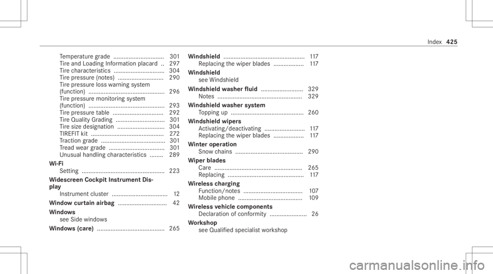 MERCEDES-BENZ CLA 2021  Owners Manual Te
mp eratur egr ade .............................. 301
Ti re and Loadi ngInfo rm atio nplacar d.. 297
Ti re charact eristic s........................ ...... 304
Ti re pressur e(no tes) ..............