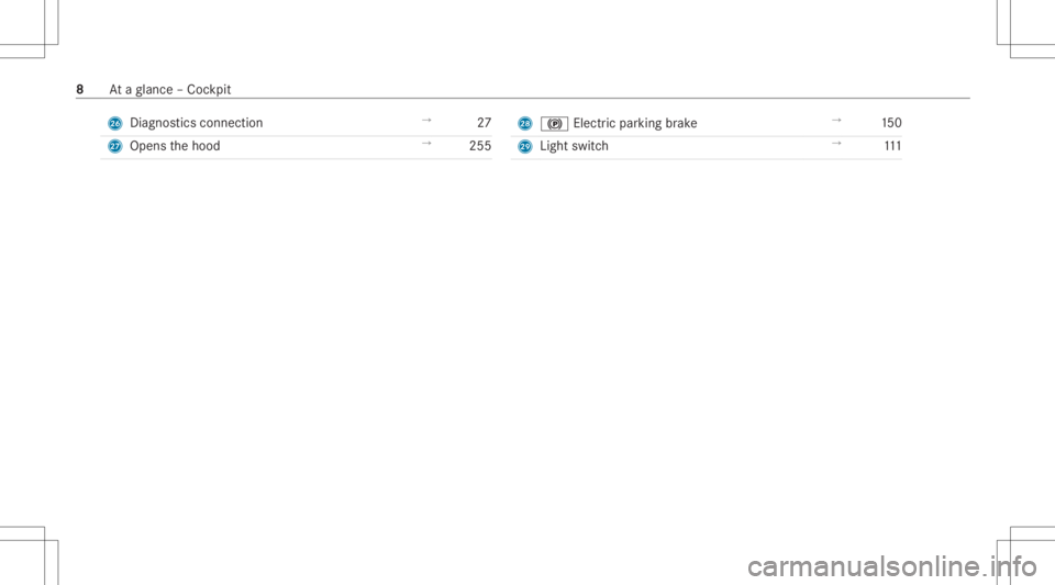 MERCEDES-BENZ CLA 2021  Owners Manual Q
Diagno stics con nection →
27
R Opens thehood →
255 S
0024 Electric pa rking brak e →
150
T Light switch →
111 8
Ataglanc e– Coc kpit 