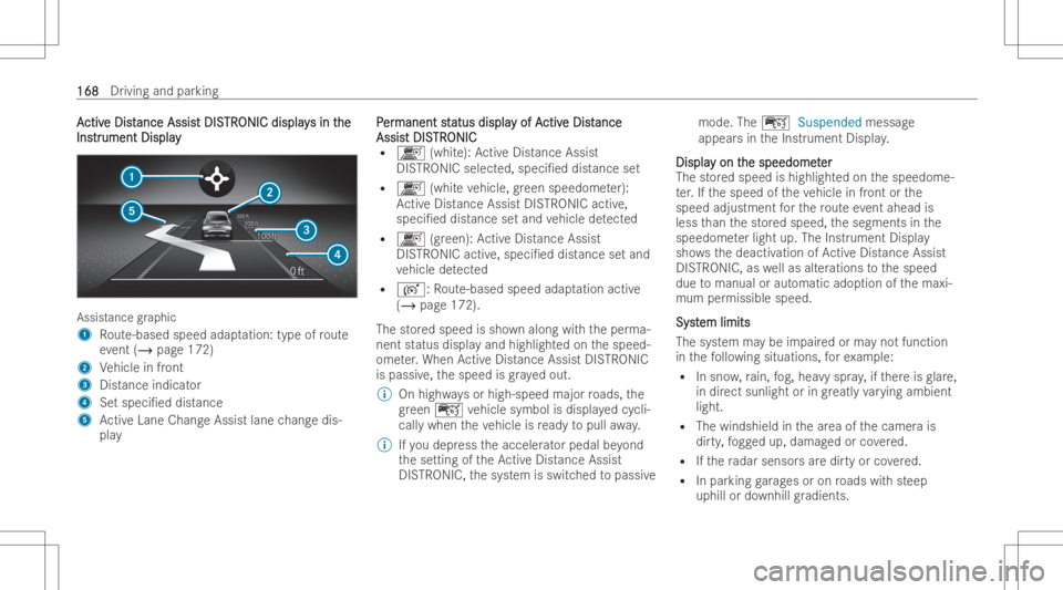 MERCEDES-BENZ CLA 2022  Owners Manual AA
ctiv ctiv
eDis t e
Dis tance Assis ance
AssistDIS t
DIS TR TR
ONIC display ONIC
displays in t s
in the he
Ins Ins
tr tr
umen tDispla y umen
tDispla y Assis
tance graphic
1 Route-based speedadaptati