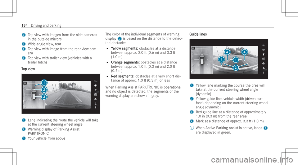 MERCEDES-BENZ CLA 2022  Owners Manual 3
Topvie wwit himag esfrom theside camer as
in theoutside mirrors
4 Wide-angle view, rear
5 Topvie wwit himag efrom there ar vie wcam-
er a
6 Topvie wwit htrailer view(vehicles witha
tr ailer hitch)
T