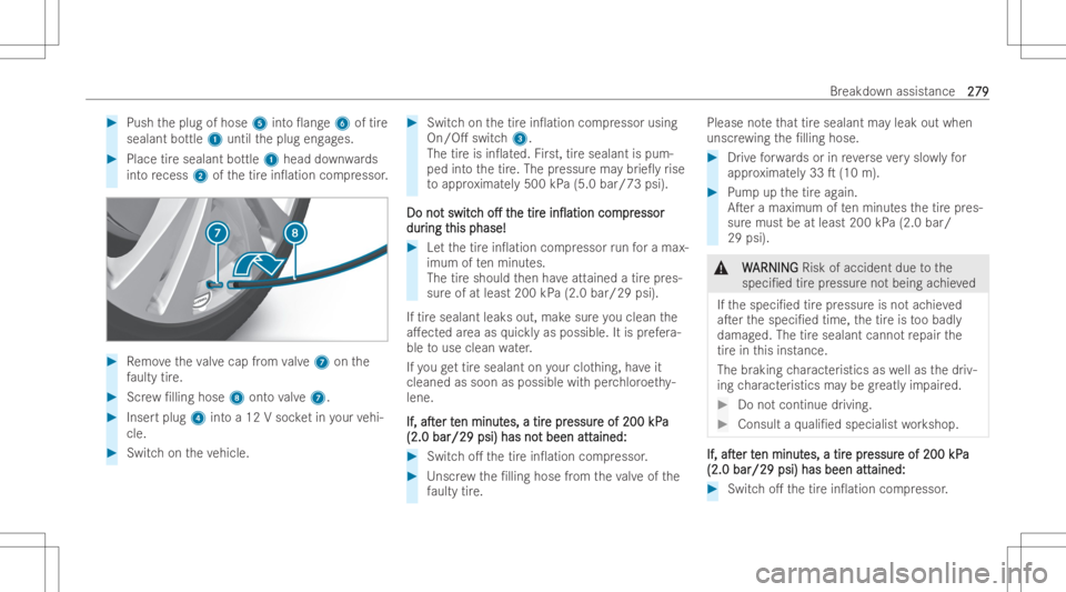 MERCEDES-BENZ CLA 2022  Owners Manual #
Push theplug ofhose 5into0an ge6 oftire
sealant bottle 1until theplug engages. #
Place tiresealant bottle 1head down wards
int ore cess 2ofthetir ein0 ation compressor . #
Remo vetheva lve cap fro
