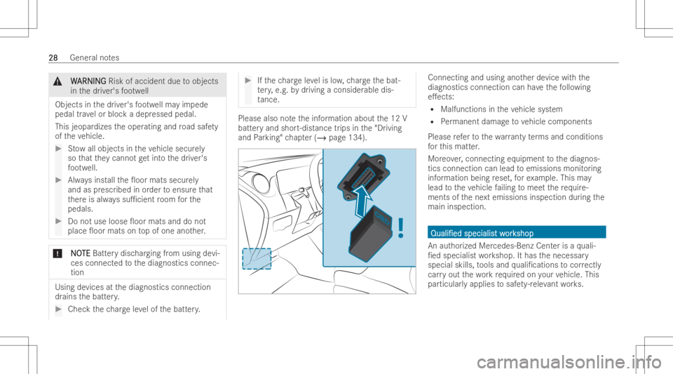 MERCEDES-BENZ CLA 2022 Owners Manual &
W W
ARNI NG ARNI
NGRisk ofaccid ent due toobjects
in thedr iver's foot we ll
Objects inthedr iver's foot we llma yim pede
pedal trav el or bloc kadepr essed pedal.
This jeopar dizestheoper a