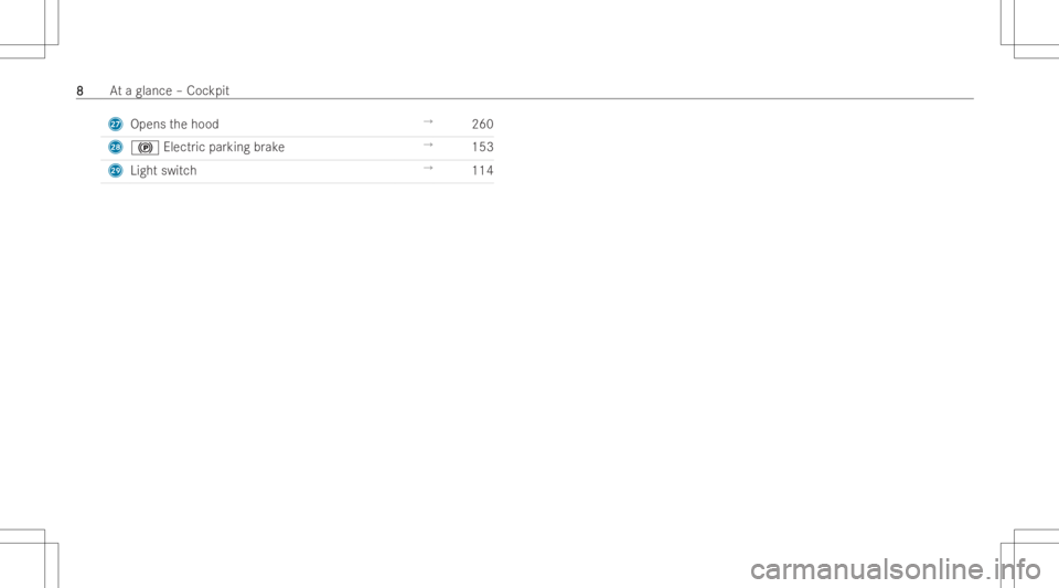 MERCEDES-BENZ CLA 2022  Owners Manual R
Opens thehood →
260
S 0024 Electricpar king brak e →
153
T Light switch →
114 88
At
aglan ce–Coc kpit 