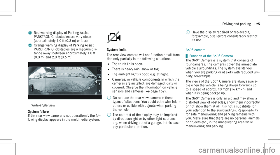 MERCEDES-BENZ CLA 2023  Owners Manual �5�R�e�d� �w�a�r�n�i�n�g� �d�i�s�p�l�a�y� �o�f� �P�a�r�k�i�n�g� �A�s�s�i�s�t
�P�A�R�K�T�R�O�N�I�C�:� �o�b�s�t�a�c�l�e�s� �a�r�e� �v�e�r�y� �c�l�o�s�e
�(�a�p�p�r�o�x�i�m�a�t�e�l�y� �1�.�0�  s� �(�0�.�