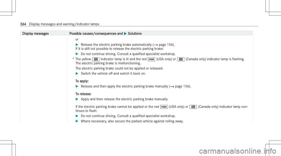 MERCEDES-BENZ CLA 2023  Owners Manual �D�i�s�p�l�a�y� �m�e�s�s�a�g�e�s�P�o�s�s�i�b�l�e� �c�a�u�s�e�s�/�c�o�n�s�e�q�u�e�n�c�e�s� �a�n�d� �P� �S�o�l�u�t�i�o�n�s�o�r��R�e�l�e�a�s�e� �t�h�e� �e�l�e�c�t�r�i�c� �p�a�r�k�i�n�g� �b�r�a�k�e� �a�u