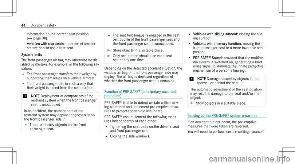 MERCEDES-BENZ CLA 2023 Service Manual �i�n�f�o�r�m�a�t�i�o�n� �o�n� �t�h�e� �c�o�r�r�e�c�t� �s�e�a�t� �p�o�s�i�t�i�o�n
�( � � �p�a�g�e� �3�8�)�.
�V�e�h�i�c�l�e�s� �w�i�t�h� �r�e�a�r� �s�e�a�t�s�:�  �a� �p�e�r�s�o�n� �o�f� �s�m�a�l�l�e�r
