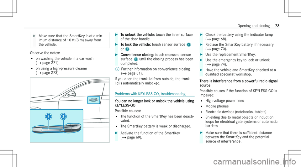MERCEDES-BENZ CLA 2023 Manual PDF ��M�a�k�e� �s�u�r�e� �t�h�a�t� �t�h�e� �S�m�a�r�t�K�e�y� �i�s� �a�t� �a� �m�i�n�-
�i�m�u�m� �d�i�s�t�a�n�c�e� �o�f� �1�0�  s� �(�3� �m�)� �a�w�a�y� �f�r�o�m
�t�h�e� �v�e�h�i�c�l�e�.
�O�b�s�e�r�v�e� 
