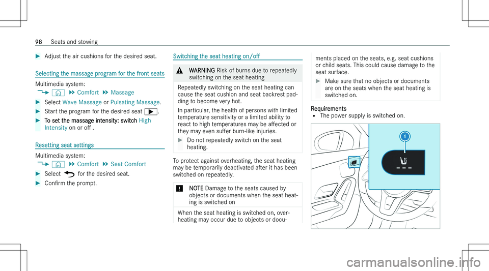MERCEDES-BENZ CLA 2023  Owners Manual ��A�d�j�u�s�t� �t�h�e� �a�i�r� �c�u�s�h�i�o�n�s� �f�o�r� �t�h�e� �d�e�s�i�r�e�d� �s�e�a�t�.
�S�e�l�e�c�t�i�n�g� �t�h�e� �m�a�s�s�a�g�e� �p�r�o�g�r�a�m� �f�o�r� �t�h�e� �f�r�o�n�t� �s�e�a�t�s
�M�u�l�t
