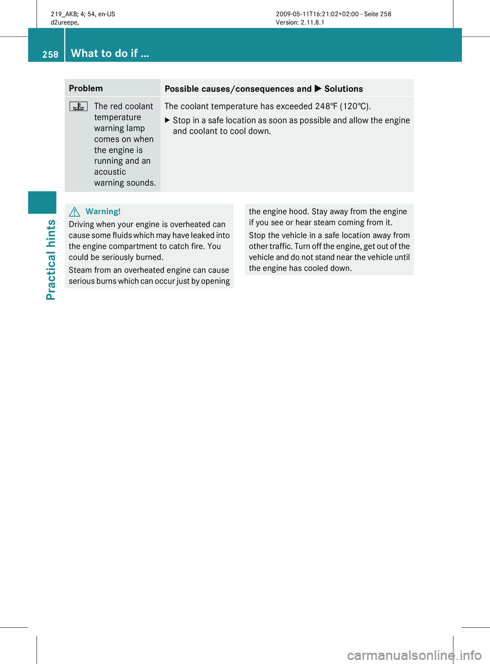 MERCEDES-BENZ CLS 2010  Owners Manual Problem
Possible causes/consequences and 
X Solutions?
The red coolant
temperature
warning lamp
comes on when
the engine is
running and an
acoustic
warning sounds. The coolant temperature has exceeded