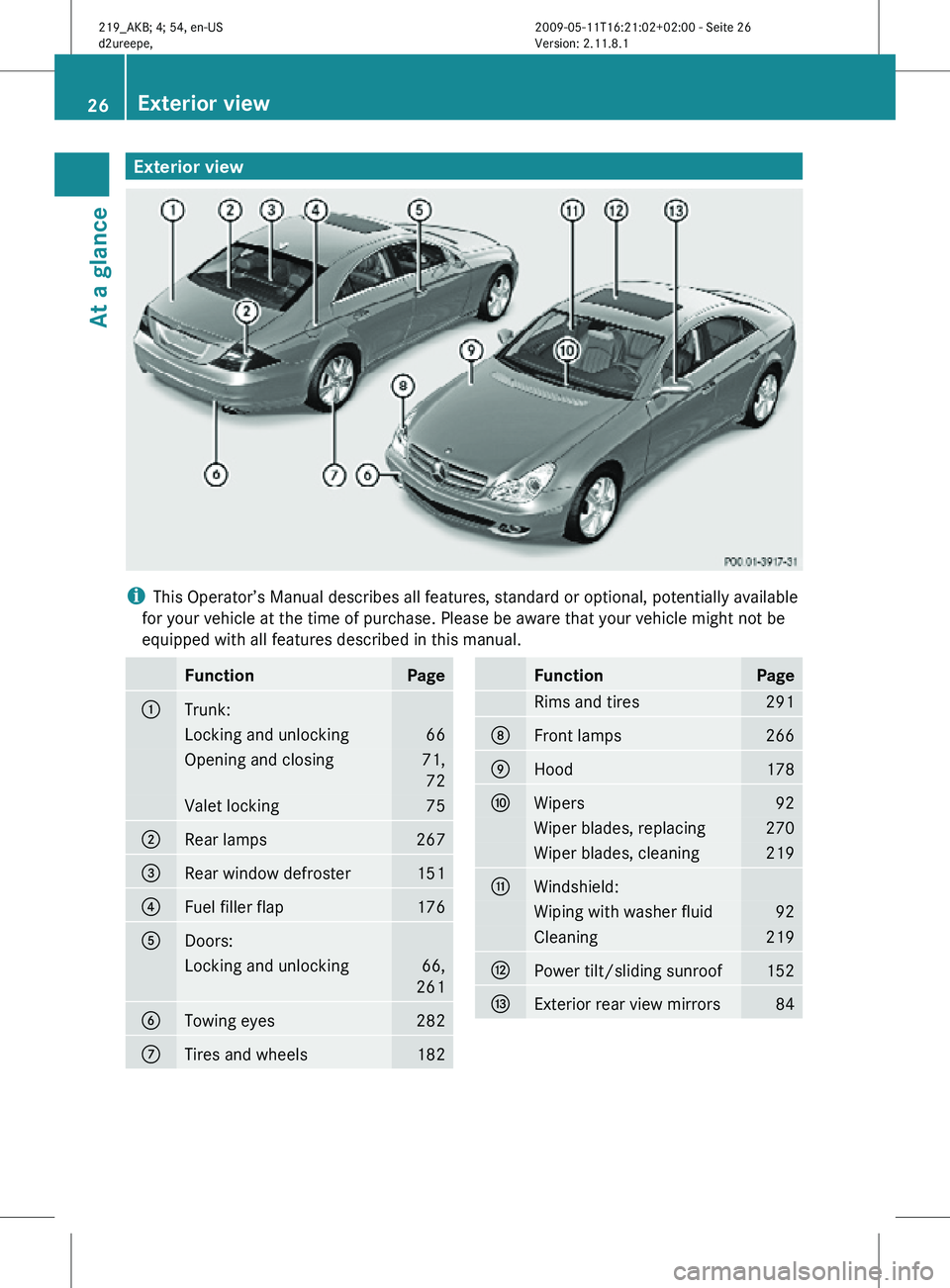 MERCEDES-BENZ CLS 2010  Owners Manual Exterior view
i
This Operator’s Manual describes all features, standard or optional, potentially available
for your vehicle at the time of purchase. Please be aware that your vehicle might not be
eq