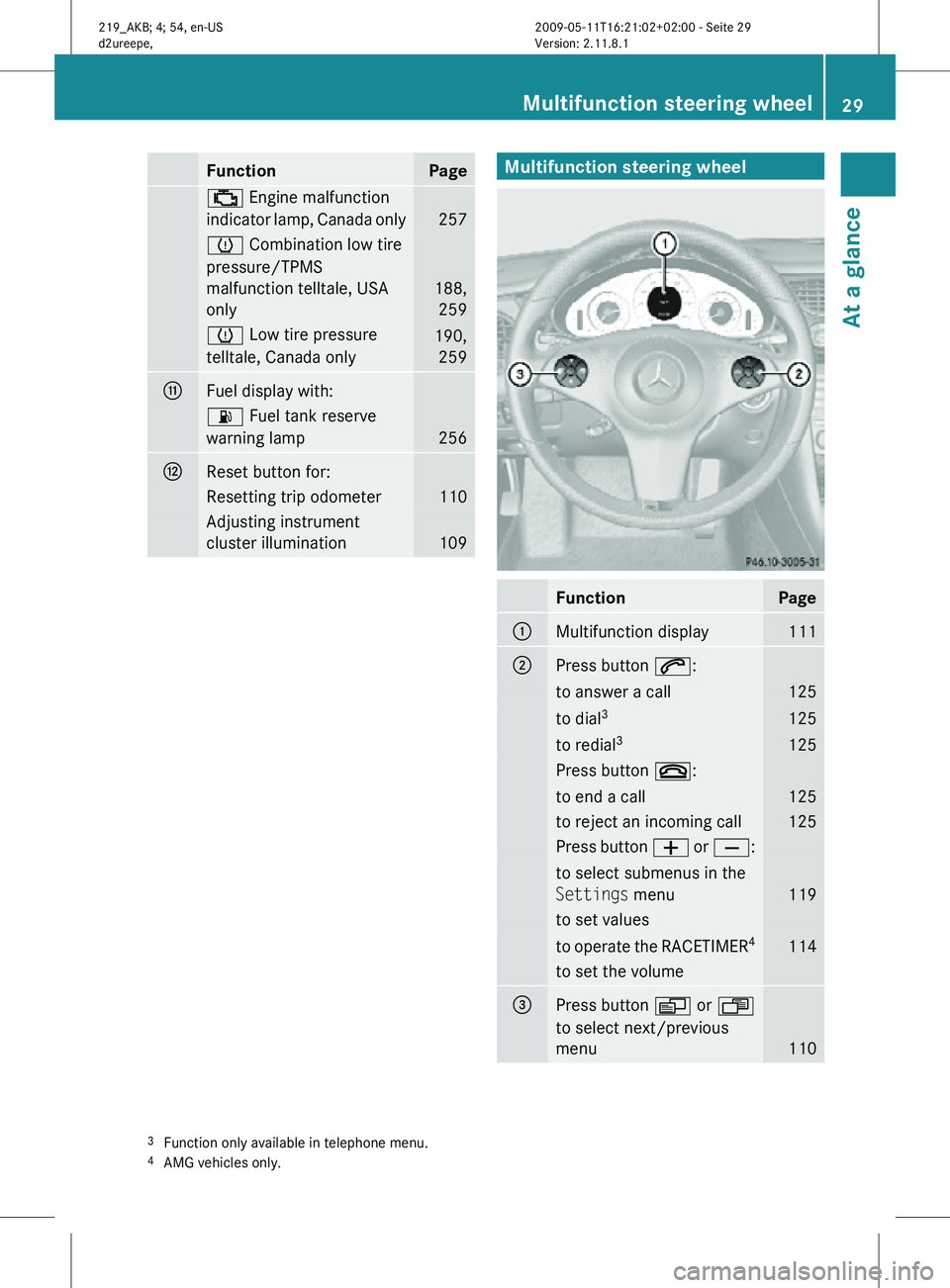 MERCEDES-BENZ CLS 2010 Owners Guide Function Page
; Engine malfunction
indicator lamp, Canada only
257
h Combination low tire
pressure/TPMS
malfunction telltale, USA
only
188,
259 h Low tire pressure
telltale, Canada only
190,
259 G
Fue MERCEDES-BENZ CLS 2010 Owners Guide Function Page
; Engine malfunction
indicator lamp, Canada only
257
h Combination low tire
pressure/TPMS
malfunction telltale, USA
only
188,
259 h Low tire pressure
telltale, Canada only
190,
259 G
Fue