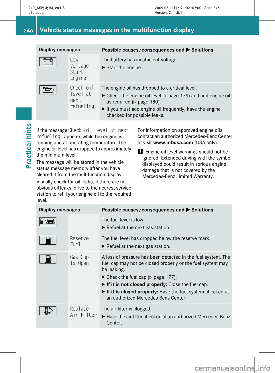 MERCEDES-BENZ CLS 2011 Owners Manual Display messages
Possible causes/consequences and
X Solutions# Low
Voltage
Start
Engine The battery has insufficient voltage.
X
Start the engine. 4 Check oil
level at
next
refueling. The engine MERCEDES-BENZ CLS 2011 Owners Manual Display messages
Possible causes/consequences and
X Solutions# Low
Voltage
Start
Engine The battery has insufficient voltage.
X
Start the engine. 4 Check oil
level at
next
refueling. The engine