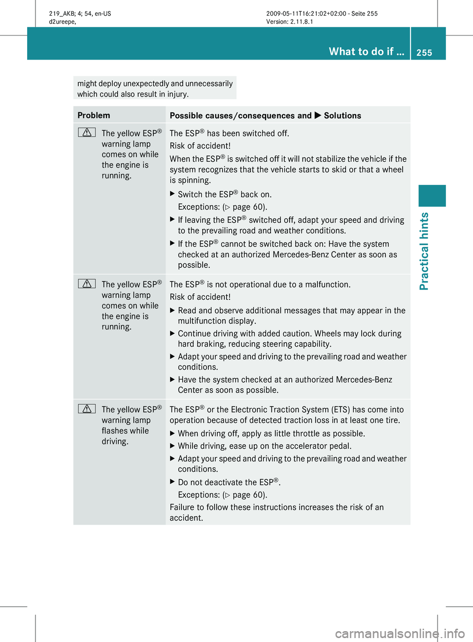 MERCEDES-BENZ CLS 2011  Owners Manual might deploy unexpectedly and unnecessarily
which could also result in injury.
Problem
Possible causes/consequences and 
X Solutionsd
The yellow ESP ®
warning lamp
comes on while
the engine is
runnin