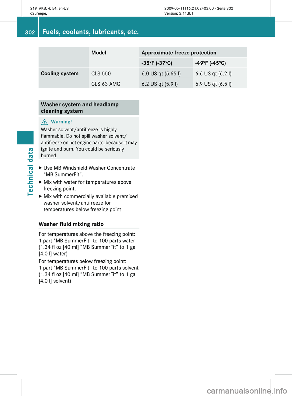 MERCEDES-BENZ CLS 2011 Owners Manual Model Approximate freeze protection
-35‡ (-37†) -49‡ (-45†)
Cooling system
CLS 550 6.0 US qt (5.65 l) 6.6 US qt (6.2 l)
CLS 63 AMG 6.2 US qt (5.9 l) 6.9 US qt (6.5 l)
Washer system and headlam MERCEDES-BENZ CLS 2011 Owners Manual Model Approximate freeze protection
-35‡ (-37†) -49‡ (-45†)
Cooling system
CLS 550 6.0 US qt (5.65 l) 6.6 US qt (6.2 l)
CLS 63 AMG 6.2 US qt (5.9 l) 6.9 US qt (6.5 l)
Washer system and headlam