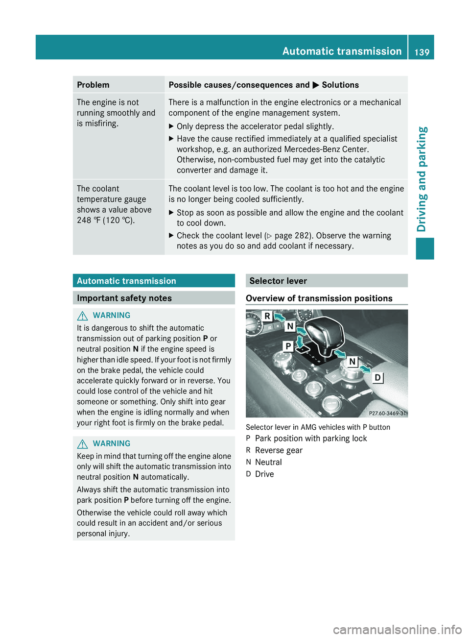 MERCEDES-BENZ CLS 2012 Owners Manual ProblemPossible causes/consequences and M SolutionsThe engine is not
running smoothly and
is misfiring.There is a malfunction in the engine electronics or a mechanical
component of the engine manageme MERCEDES-BENZ CLS 2012 Owners Manual ProblemPossible causes/consequences and M SolutionsThe engine is not
running smoothly and
is misfiring.There is a malfunction in the engine electronics or a mechanical
component of the engine manageme
