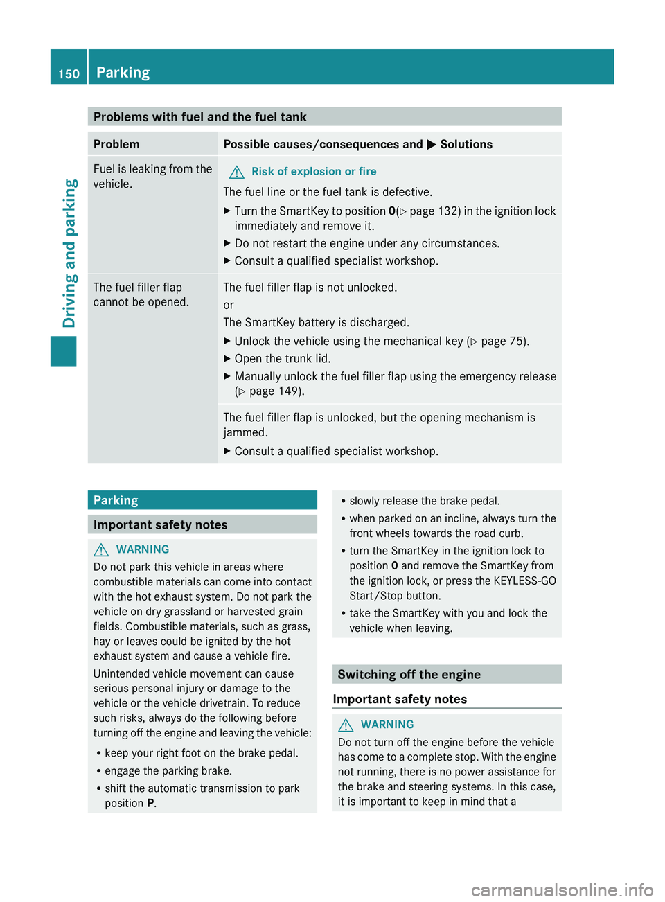MERCEDES-BENZ CLS 2012  Owners Manual Problems with fuel and the fuel tankProblemPossible causes/consequences and M SolutionsFuel is leaking from the
vehicle.GRisk of explosion or fire
The fuel line or the fuel tank is defective.
XTurn th