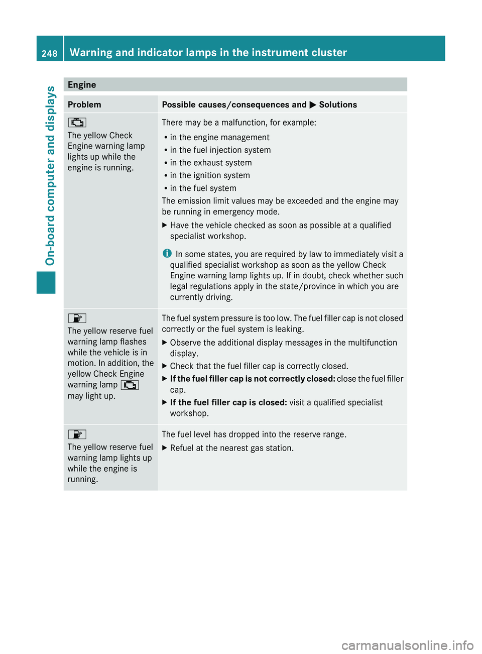 MERCEDES-BENZ CLS 2012  Owners Manual EngineProblemPossible causes/consequences and M Solutions;
The yellow Check
Engine warning lamp
lights up while the
engine is running.There may be a malfunction, for example:
R in the engine managemen
