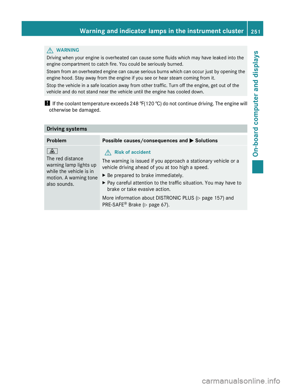 MERCEDES-BENZ CLS 2012 Owners Manual GWARNING
Driving when your engine is overheated can cause some fluids which may have leaked into the
engine compartment to catch fire. You could be seriously burned.
Steam from an overheated engine ca MERCEDES-BENZ CLS 2012 Owners Manual GWARNING
Driving when your engine is overheated can cause some fluids which may have leaked into the
engine compartment to catch fire. You could be seriously burned.
Steam from an overheated engine ca