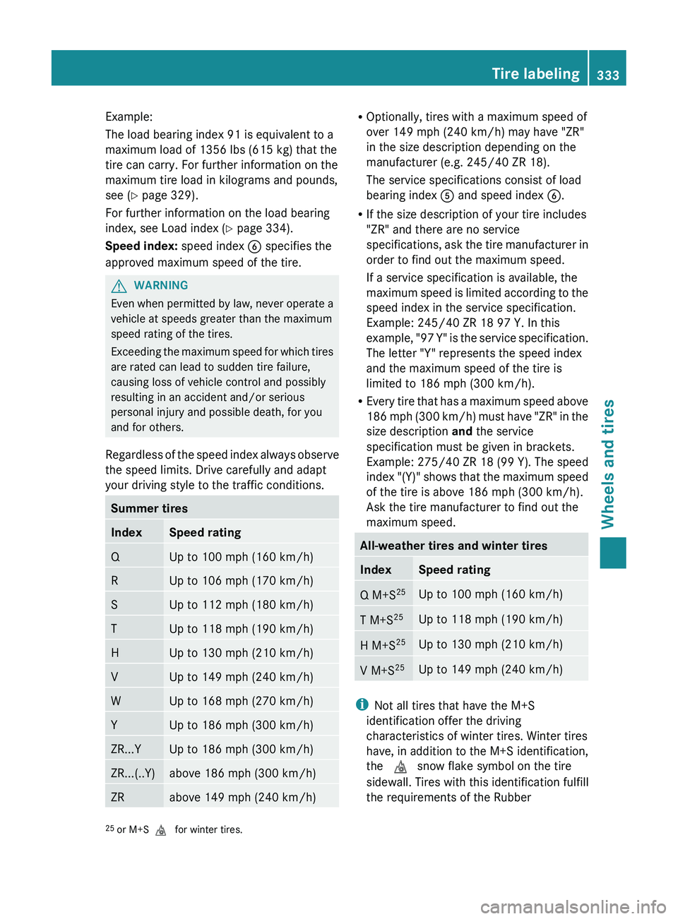 MERCEDES-BENZ CLS 2012  Owners Manual Example:
The load bearing index 91 is equivalent to a
maximum load of 1356 lbs (615 kg) that the
tire can carry. For further information on the
maximum tire load in kilograms and pounds,
see ( Y page 