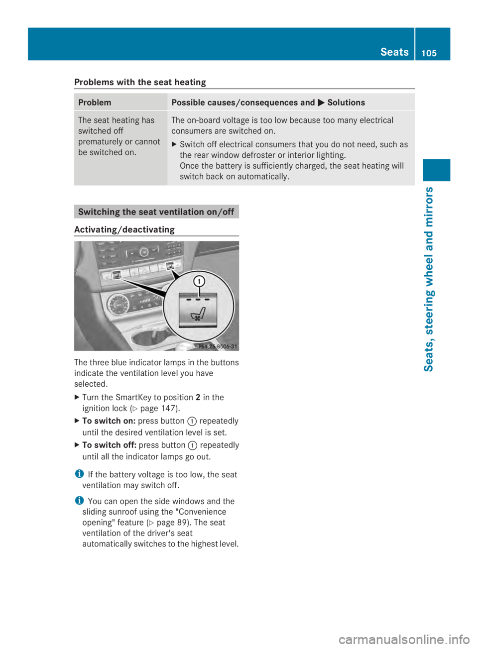 MERCEDES-BENZ CLS 2014  Owners Manual Problems with the seat heating
ProblemPossible causes/consequences and�Solutions
The seat heating has
switched off
prematurely or cannot
be switched on.
The on-board voltage is too low because too ma