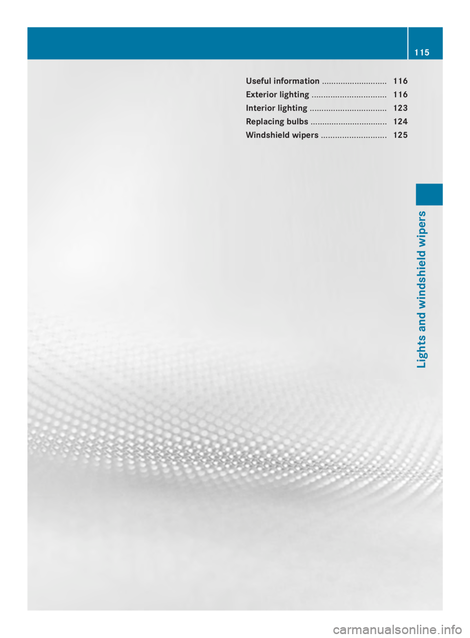 MERCEDES-BENZ CLS 2014  Owners Manual Useful information............................116
Exterior lighting................................116
Interior lighting.................................123
Replacing bulbs............................