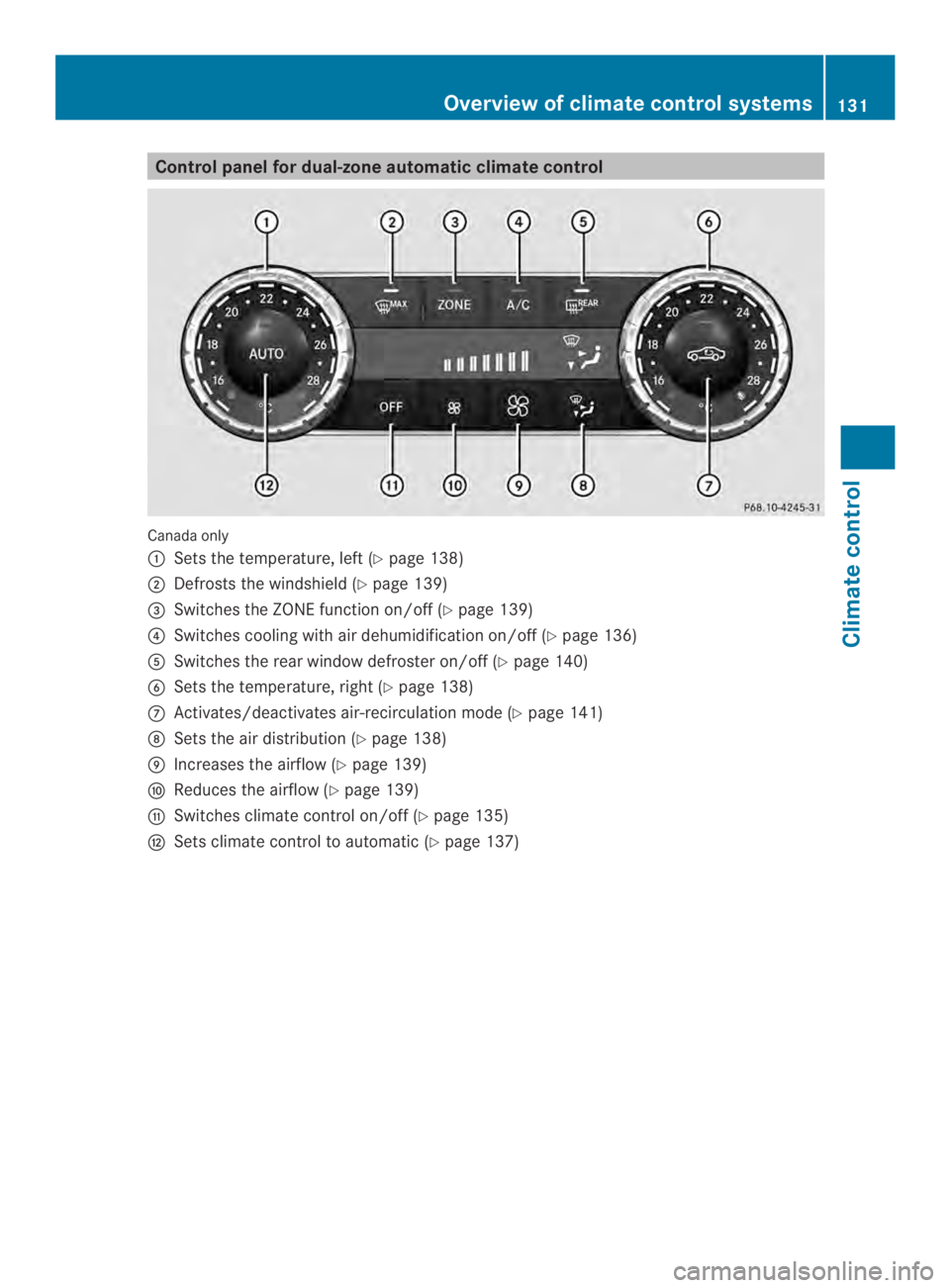 MERCEDES-BENZ CLS 2014  Owners Manual Control panel for dual-zone automatic climatecontrol
Canadaonly
�Setsthetemperature, left (Ypage 138)
�Defroststhewindshield (Ypage 139)
�$Switches theZONE function on/off(Ypage 139)
�!Switches cool