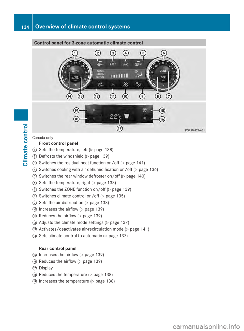 MERCEDES-BENZ CLS 2014  Owners Manual Control panel for 3-zone automatic climatecontrol
Canadaonly
Frontcontrol panel
�Setsthetemperature, left (Ypage 138)
�Defrosts thewindshield (Ypage 139)
�$Switchestheresidual heat function on/off (