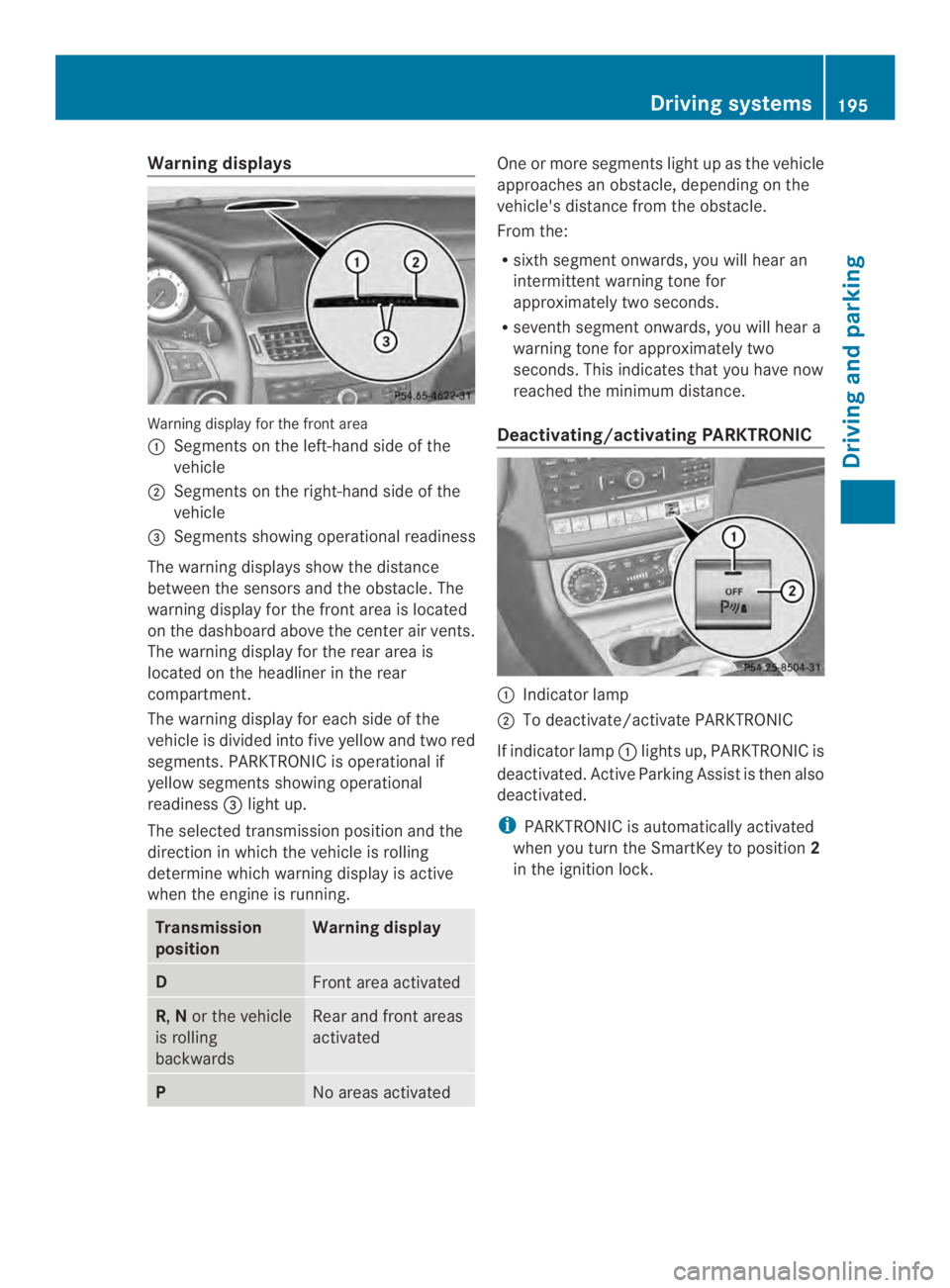 MERCEDES-BENZ CLS 2014  Owners Manual Warning displays
Warning display for the front area
�Segments on the left-hand side of the
vehicle
�Segments on the right-hand side of the
vehicle
�$Segments showing operational readiness
The warnin